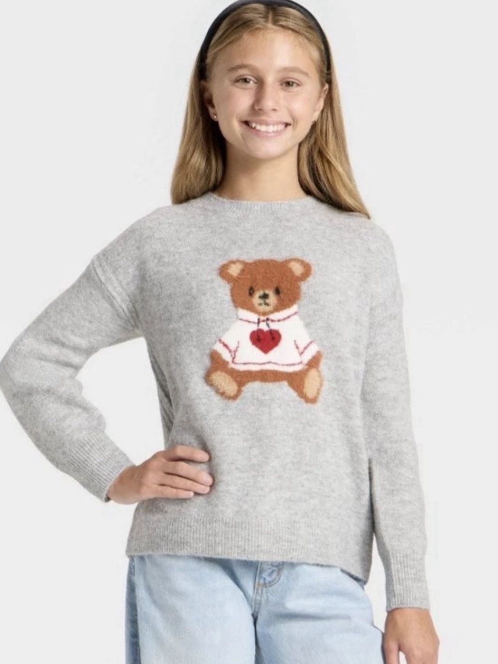 Art Class Girls’ Grey‎ Teddy Heart Crewneck Sweater L (10/12)